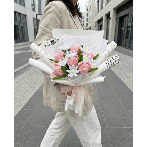 파스텔핑크 튤립 데이지 모루꽃다발 완제품